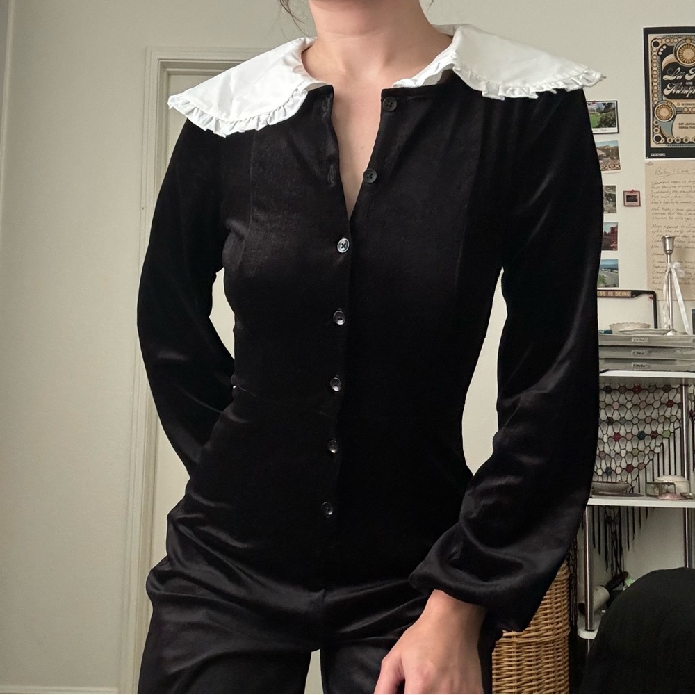 Black Velvet Button-Up Jumpsuit with White Collar